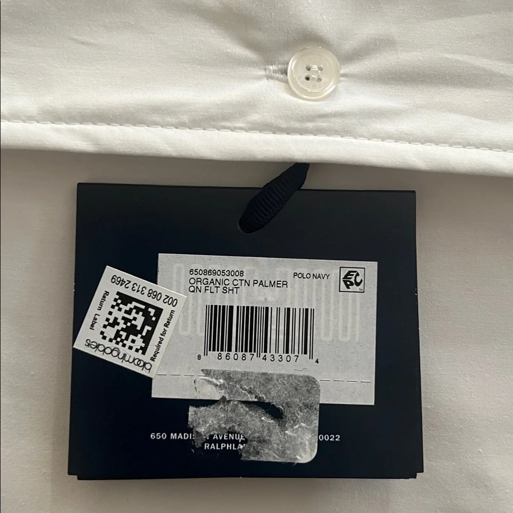 Ralph Lauren Home Organic Cotton Percale Palmer Queen Flat Sheet, Polo Navy, NEW